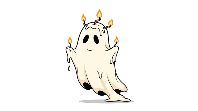 Spooky and cute Halloween ghost character draped in white fabric with glowing orange candles on its head and hands for festive decoration.