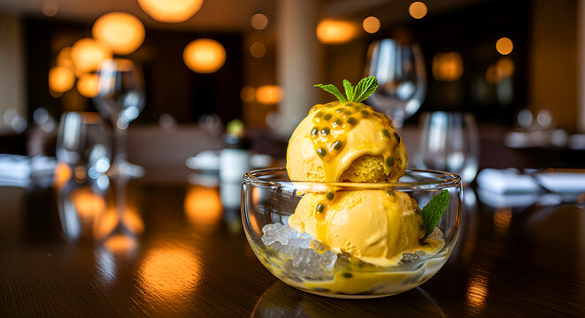 Passion Fruit Ice Cream with Fresh Mint in Glass Bowl &mdash; Es Krim Markisa dengan Daun Mint Segar dalam Mangkuk Kaca