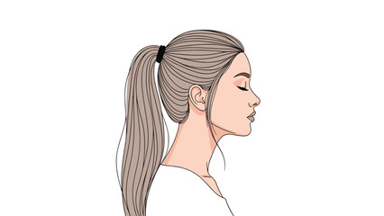 Naklejka premium Side profile illustration of a serene young woman with her long blonde hair tied back in a neat ponytail against a plain white background.