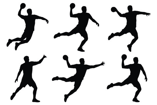 Dynamic silhouettes of athletes jumping and playing handball in mid air with expressive poses showcasing motion and energy in a minimalist black and white design with a clean