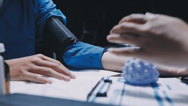 Doctor checking blood pressure of a patient, he is measuring pulses with a sphygmomanometer, hands close up