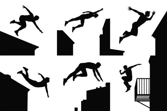 Silhouettes of athletes performing dynamic parkour jumps and acrobatic movements across urban rooftops and buildings in minimalist style