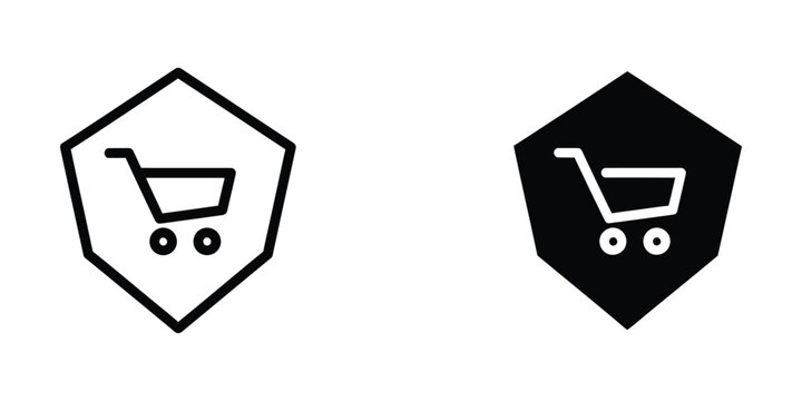 Contrasting shopping cart icons within geometric shield shapes in white and black