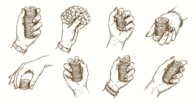 Vintage Hand Drawn Illustration Set of Hands Holding Casino Poker Chips