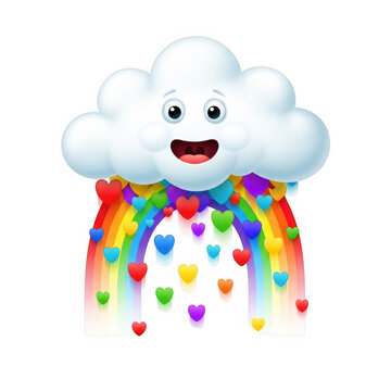 A smiling white cartoon cloud with a rainbow and colorful hearts