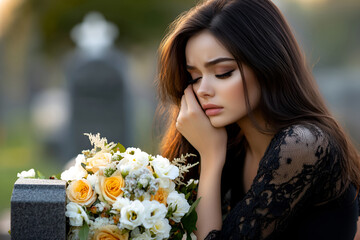Naklejka premium Grieving Young Woman in Black Lace Mourning Dress at Cemetery Grave