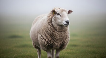 Fototapeta premium A single fluffy white sheep standing in a foggy green pasture on a misty morning