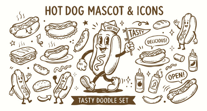 Vintage 1930s Retro Hot Dog Mascot and Fast Food Doodle Set