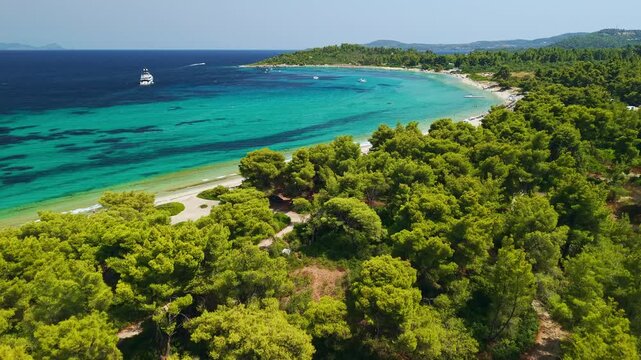 Aerial Panorama of Glarokavos Beach and Lagoon, Chalkidiki, Greece