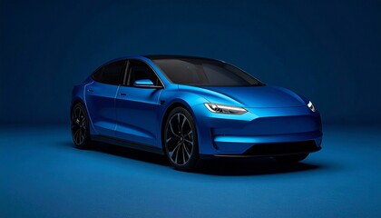 Fototapeta premium Blue electric car illuminated against dark backdrop, futuristic headlights glowing, aerodynamic contours highlighted, minimalist design radiates innovation, symbol of sustainable progress and modern e