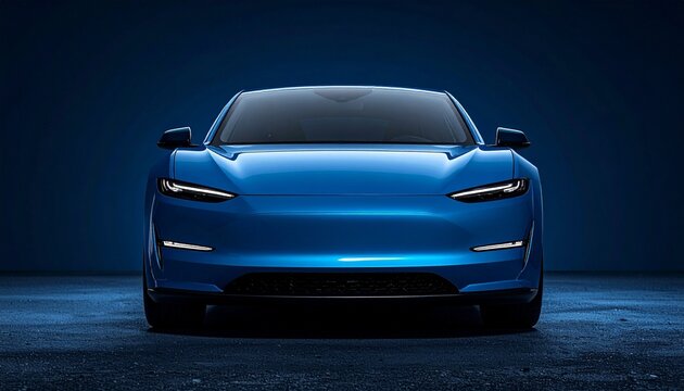 Blue electric car illuminated against dark backdrop, futuristic headlights glowing, aerodynamic contours highlighted, minimalist design radiates innovation, symbol of sustainable progress and modern e