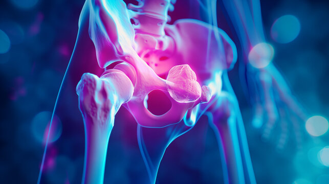 Medical 3D illustration in X-ray style of a painful hip joint with blue background