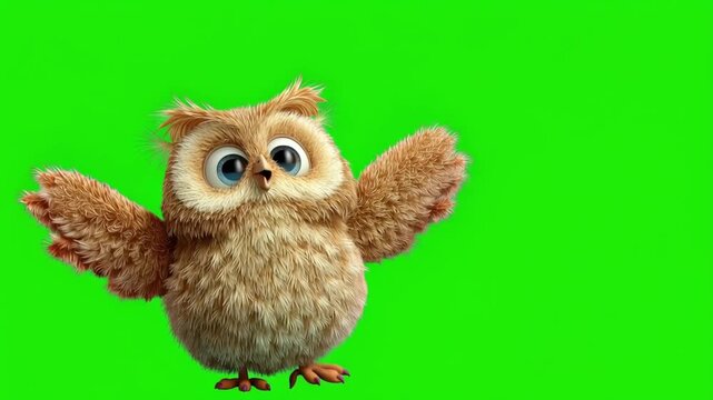 Cute owl animation on green screen background. Cartoon-style animated owl illustration featuring a serious expression, and brown feathers. Perfect for educational content, children's media,  wildlife