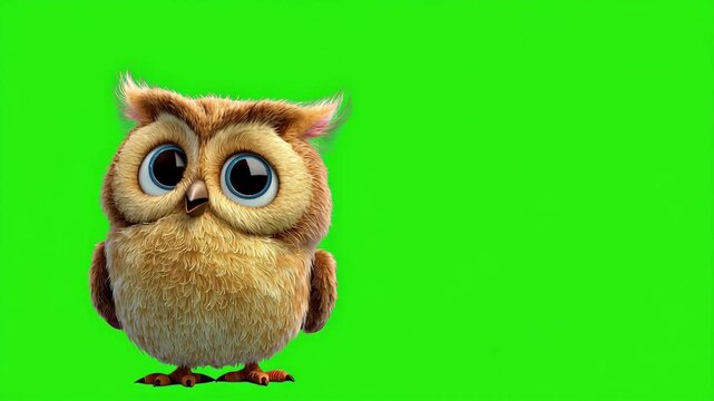 Cute owl animation on green screen background. Cartoon-style animated owl illustration featuring a serious expression, and brown feathers. Perfect for educational content, children's media,  wildlife
