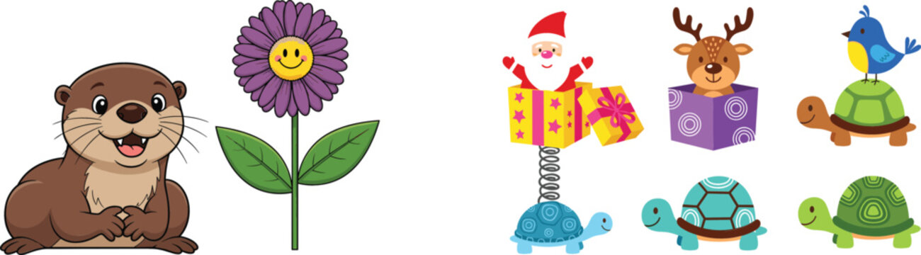 Cute cartoon animals and toy collection featuring otter, smiling flower, jack in the box Santa toy, turtles and bird isolated illustration set