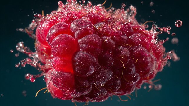 A close-up of a fresh raspberry with water splashing around it