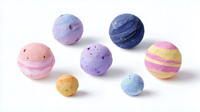 A composition of six different stylized 2.5D 3D cartoon planets
