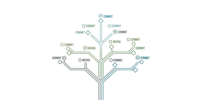 Git branching and merging concept with colorful lines and nodes