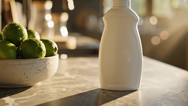 Cleaning Product Bottle and Limes on Kitchen Countertop