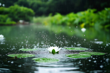 Fototapeta premium White water lily blooming in a pond with water splashes during a refreshing summer rain.