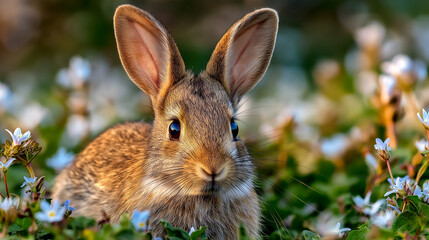 rabbit in meadow surrounded by spring flowers
