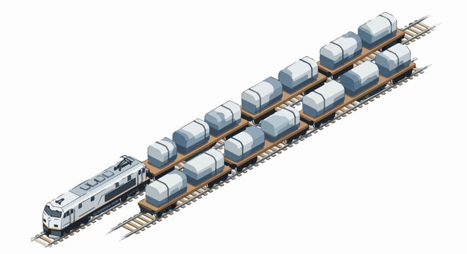 Isometric Freight Train and Tanker Wagons on Rails, Industrial Transport and Global Logistics Vector Illustration