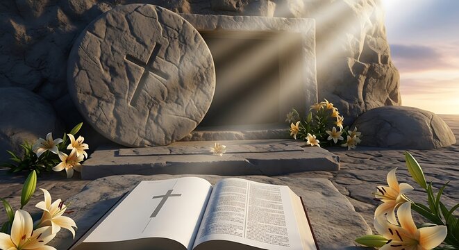 Religious scene with open book cross stone and sunlight for spiritual concepts