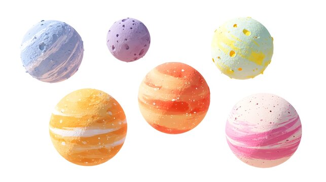 A composition of six different stylized 2.5D 3D cartoon planets
