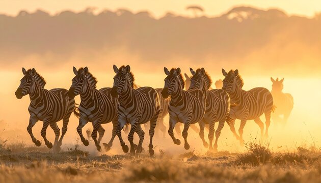 A herd of zebras gallops across a misty grassland at sunrise casting long shadows in the golden light of dawn