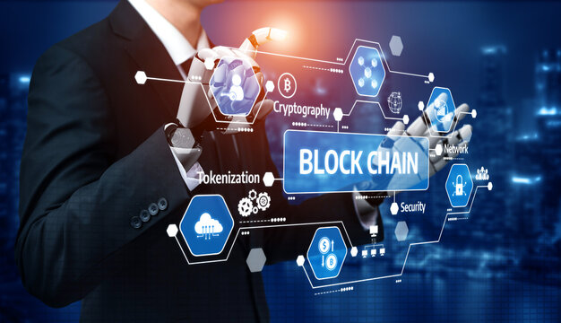 A businessman presents blockchain technology through a virtual interface filled with icons showcasing cryptography, security, and tokenization, reflecting modern innovation. Tessel