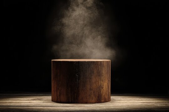 Wooden Podium with Steam Rising in Dramatic Lighting.