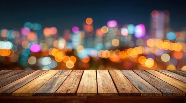 Empty Wooden Table with Blurred City Lights at Night Background.