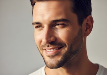 Obraz premium Close up portrait of smiling adult man with neutral background studio lighting
