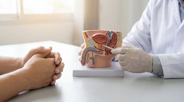 Doctor explains male anatomy and prostate health to a patient using an anatomical model during a *men's health consultation