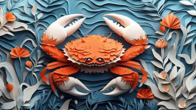 A crab illustrated in paper art style, featuring layered textures and delicate cutouts to capture its intricate shell and claws.