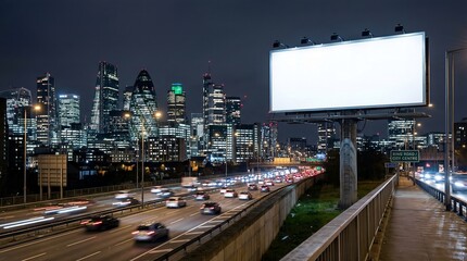 Fototapeta premium Cars drive on a highway with a large blank billboard near a city skyline at night
