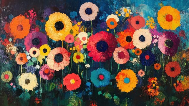 Flower garden depicted in abstract expressionism style with bold, dynamic colors, energetic brushstrokes, and unconventional flower patterns.