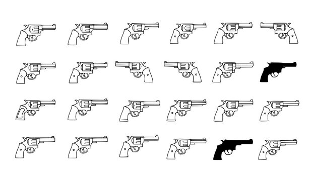 A vector graphic illustration of multiple gun silhouettes in various positions