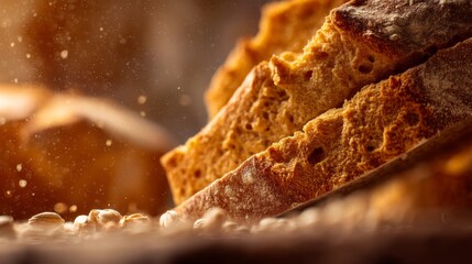 Fototapeta premium Freshly Baked Slices of Rustic Bread with Grain Texture Close-Up