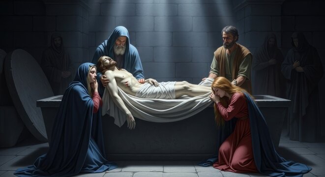 Jesus Christ entombment: burial ritual, sacred sepulcher, holy week, easter passion, religious devotion, biblical narrative, messiah demise, savior repose, gospel event, christian belief.