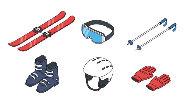 Isometric Ski Equipment Set: Skis, Boots, Helmet, Goggles, Poles, and Gloves for Winter Sports Activities