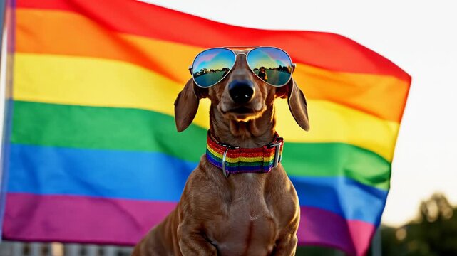 Cool dachshund dog wearing sunglasses in front of rainbow pride flag