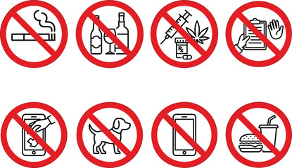 Vector set of prohibition signs including no smoking no alcohol and drug free zone icons for public safety. © Mina Begum