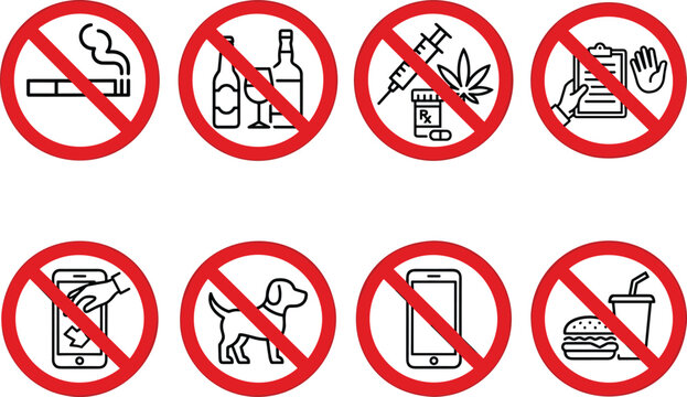 Vector set of prohibition signs including no smoking no alcohol and drug free zone icons for public safety.