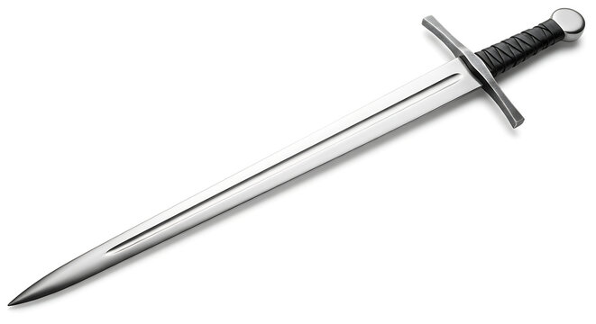 Medieval knight's sword with black handle, isolated, white background