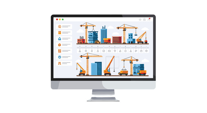 A sleek computer monitor displays a sophisticated construction management software interface featuring colorful cranes, buildings, and project timelines.
