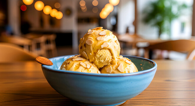 Golden Caramel Almond Ice Cream Scoops in Rustic Blue Bowl with Warm Caf&eacute; Ambience &mdash; Es Krim Karamel Almond dalam Mangkuk Biru dengan Suasana Kafe Hangat