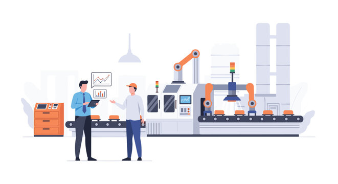 Two industrial workers discuss manufacturing processes while standing next to a large automated production machine featuring bright orange robotic arms and a conveyor belt.