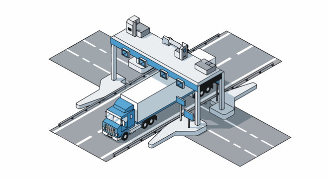 Isometric Vector Illustration of a Semi-Truck Passing Through an Automated Highway Toll Booth and Scanner Gate for Logistics and Transportation Management