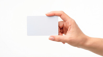Obraz premium Human hand holding blank white business card isolated on white backgr.